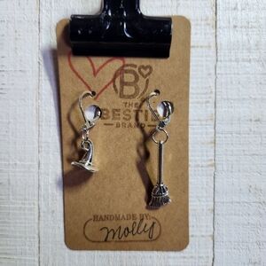 Silver in Color Witch Hat & Broom Halloween Earrings Handmade By Molly ❤️
